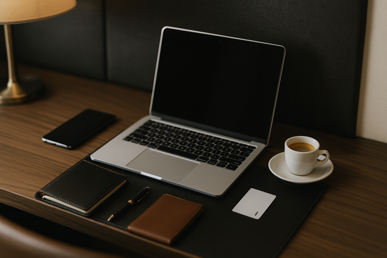 Professional business workspace with laptop and coffee